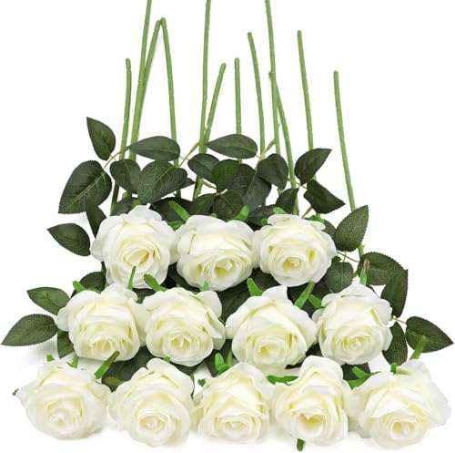 Image of Dekorly Artificial Fake Roses Flowers - 10 Pcs Fake Artificial Roses Silk Flowers with Stems for Home Room Tabletop Wedding Hotel Office Centerpiece Decor | Height 18 Inch (White)