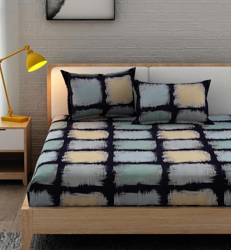 Image of 350 TC Premium Heavy Cotton Feel Elastic Fitted Bedsheet King Size with 2 Pillow Covers || Double Bed with All Around Elastic (Navy Blue., Fitted Queen-60x78)