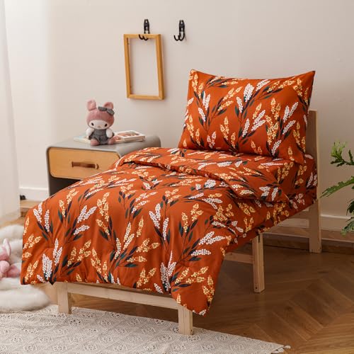 Image of Luxlovery Toddler Comforter Set Orange Floral Botanical Kids Girls Leaves Bedding Set Bed Set for Dorm 4 Pieces (1 Comforter, 1 Flat Sheet, 1 Fitted Sheet, 1 Pillowcase)