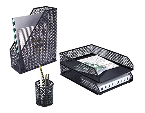 ANNOVA Mesh Desk Organizer 4 Pieces Office Suppliers Desktop Organizer Set Desk Accessories - Letter/File Tray x 2, Magazine Rack/Upright Document Holder x 1, Pen Holder x 1 (Black)