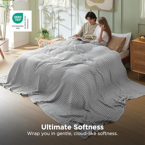 Image of Bedsure Cooling Cotton Waffle Oversized King Blanket - Lightweight Breathable Blankets Rayon Derived from Bamboo for Hot Sleepers, Luxury Throws for Bed and Sofa, Grey, 120x96 Inches
