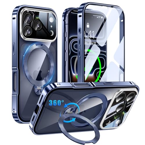 iPhone 17 Pro Max 用 ケース 両面保護 MagSafe対応 光沢CD紋様リング 360°定点回転スタンド 自動ポップアップロック付き カメラレンズフル保護 いphone 17 pro max 用 Gunwon スマホケース アルミ合金バン