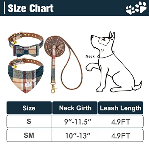 EXPAWLORER Dog Collar and Lead Set, Classic Plaid Bow Tie and Embroidery Pawprint Bandana Dog Collar with Bell - Image 2