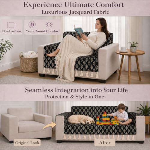 Image of STITCHNEST 'Nomad Weave Collection' 2 Seater Sofa Cover - Full Coverage| Elegant Jacquard Fabric, Decorative Tassels, Washable & Durable for Modern Living2