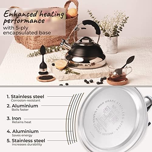 iCool-Handle Tea Kettle Whistling Black, Surgical Stainless Steel with 2 x Infusers, Compatible on All Stovetops - Induction or Gas, 2.8 QT Volume -Black