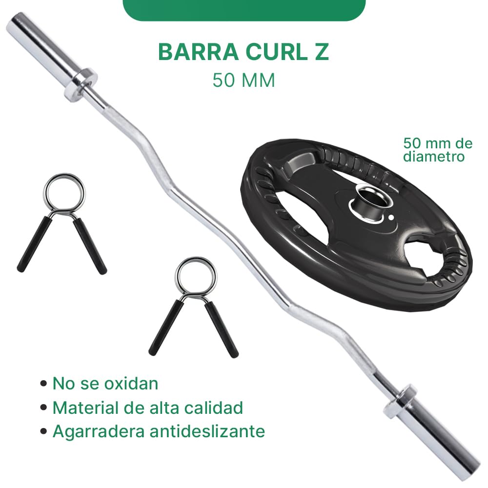 ManiBoom Barra Pesas Z Curly 120 cm de 8,5kg para Discos y Pesas de Ø50mm - Barra de MUSCULACION para Biceps y Triceps Halterofilia Crossfit - Barra Gimnasio con Cierres de Resorte (120 cm - Culry Z)