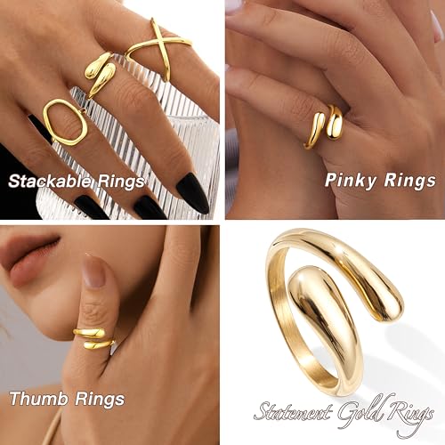 Non Tarnish Gold Chunky Rings for Women, 14K Gold Plated Statement Dome Rings Stacking, Adjustable Mens Silver Eternity Wedding Band Jewelry Size 3-134