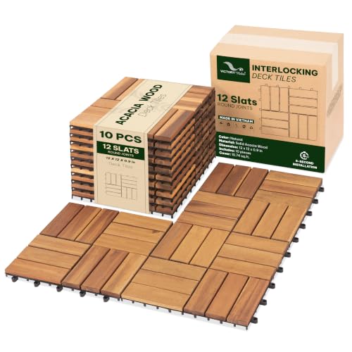 Acacia Interlocking Deck Tiles, 10 PCS Wood Flooring, 12 Slats, Honey Oak
