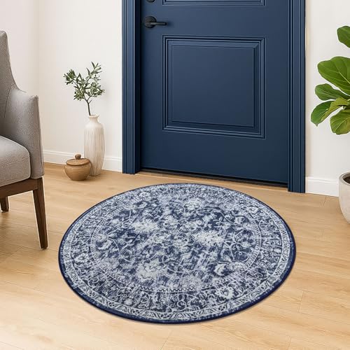 KILOCOCO Round Rug 3ft Vintage Floral Small Circle Rug Machine Washable Entryway Mat Non Slip Low-Pile Kitchen Rugs for Front Door Laundry Room Bathroom Moroccan Area Rugs, Blue