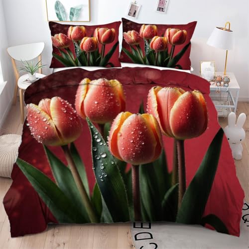 Gumntun Bettwäsche 155×220 cm Rote Tulpe Blume Frau, 3-Teilig...