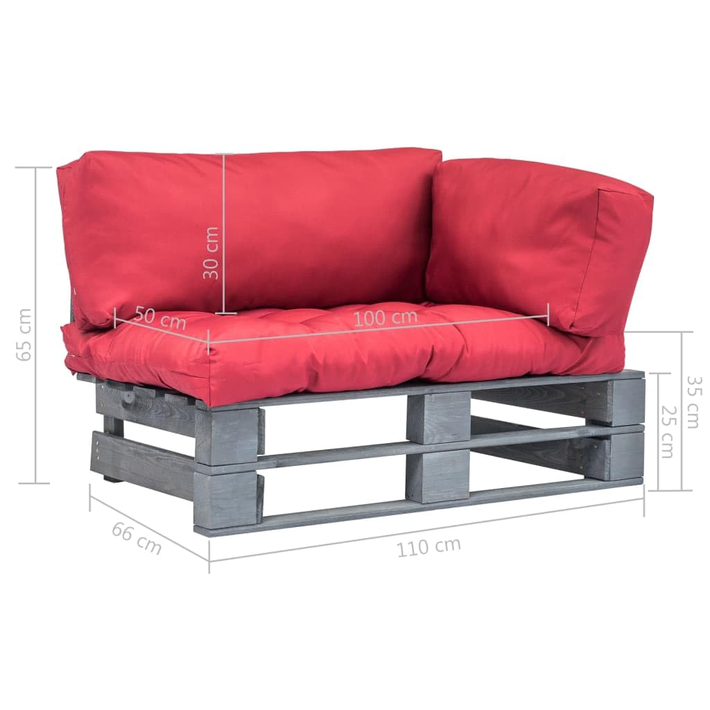 Ogrodowa sofa z palet z czerwonymi poduszkami sosna 110x66x65 cm drewniana kanapa ogrodowa na patio taras balkon impregnowana łatwy montaż