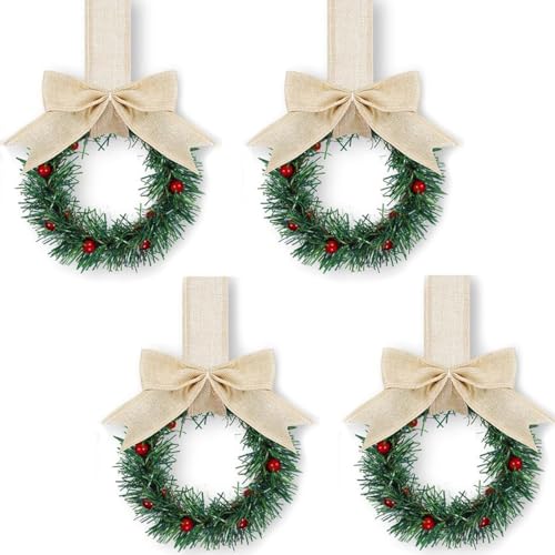 Fnaobai Christmas Kitchen Cabinet Wreaths with Ribbon 4PCS Mini Christmas Artificial Green Leaves Bauble Wreath for Xmas Window Wall Front Door Decor 5.1in (Linen)