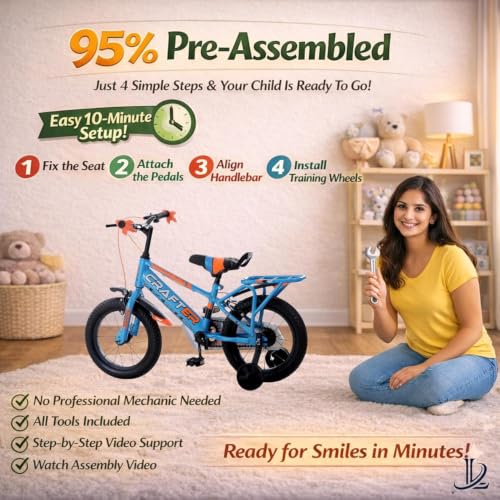 Image of longrun Crafter 14T Kids Bicycle for 2-5 Years with Training Wheels | 95% pre-assembled, adjustable seat, easy 4-step setup, sturdy steel frame front & rear mudguards for boys & girls.
