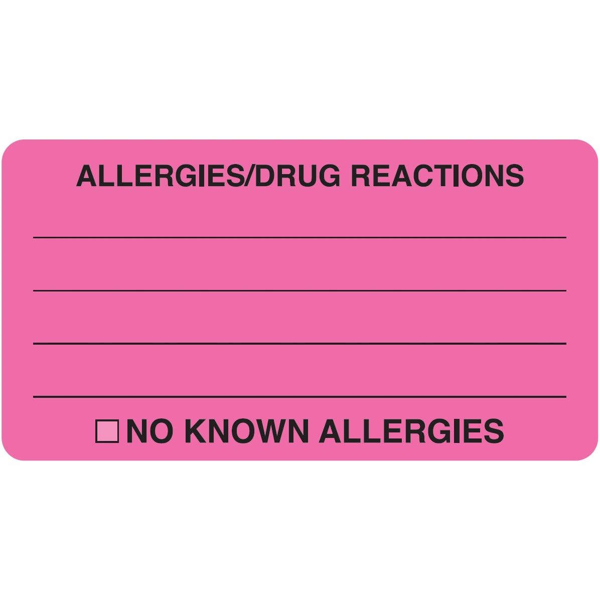 Allergies Drug Reactions Chart Label, Fluorescent Pink, 3-1/4" x 1-3/4", Permanent Adhesive, Medical Records, Patient Safety, 250 Stickers/Box, Doctor