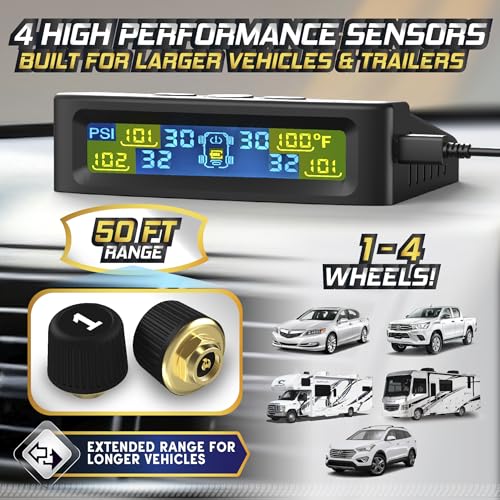 Marcala Tire Pressure Monitoring System - Set of 4 TPMS Sensors for Trailer, RV, Camper, Truck (0-98PSI) | 50ft Extended Range Air Monitor Kit | Solar Charge & 6 Alarm Modes | Be Safe & Prevent Flats - Image 3