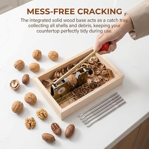 Image of Nut Cracker Tool, Walnut Cracker & Pecan Cracker with Adjustable U-Groove - All-in-One Nut Crackers for All Nuts with Wooden Storage Base & 4 Steel Picks for Pecans, Walnuts, Macadamia & More