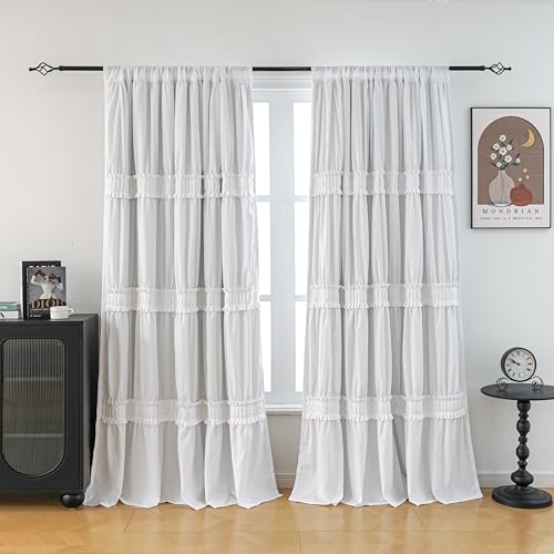 Seibeh Tex Thermal Insulated Blackout Window Curtains, 52' W x 84' L x 2 Panels, Boho Ruched Window Treatments with 3 Rows of Ruffle, Rustic Rod Pocket Drapes for Bedroom (White, 84' L x 52' W)
