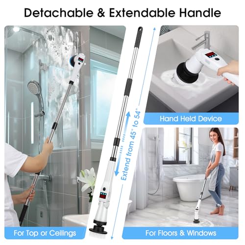 Image of Electric Spin Scrubber, Shower Scrubber with Long Handle, Rechargeable Cordless Power Scrubber, Retractable & Adjustable Angle Spin Brush for Cleaning Bathroom /Tub /Floor /Tile (Black-White+Beige)