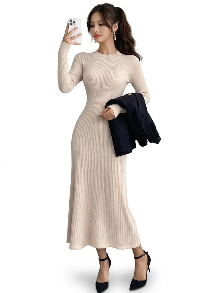High Neck Full Sleeve Full Length Dress for Women (Beige M)-image-7