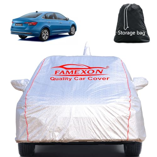 Image of Waterproof Car Body Cover with Mirror Pocket Compatible for Skoda Slavia Triple Layer Inner Fabric & Pipein Design Protects from Animals, Heat, Rainfall (Metallic Silver)