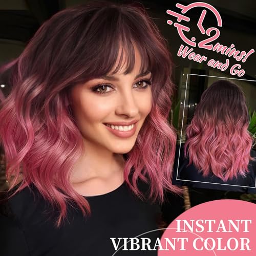 Image of Nnzes Pink Wig with Bangs for Women Short Bob Wavy Charming Synthetic Wigs with Natural Shoulder Length Curly Heat Resistant Fiber Hair for Daily Party Use