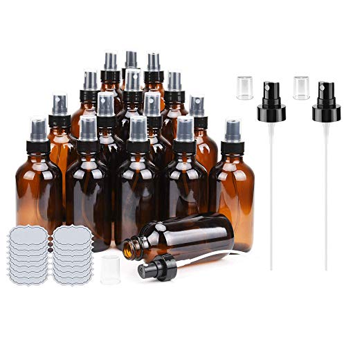 Amber Glass Spray Bottles 4oz ULG Fine Mist Sprayers Empty Spray Atomizer for Essential Oils Aromatherapy Cosmetic Sprays Including 16 PCS Waterproof DIY Labels 2PCS Spray Replacement