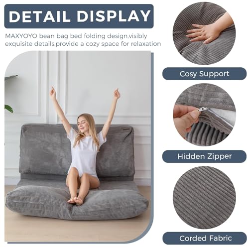 Image of MAXYOYO Folding Sofa Bed, Floor Sofa Convertible Chair with Washable Cover, Floor Couch Lounge Bean Bag Chair Bed for Living Room, Grey, 30x91 Inch