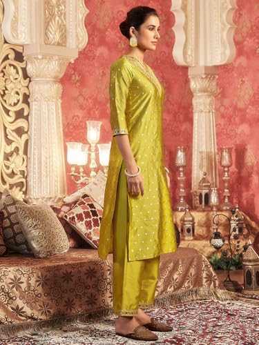 Image of Sanisa Women's Silk Blend Jacquard Straight Kurta with Pant and Dupatta Set