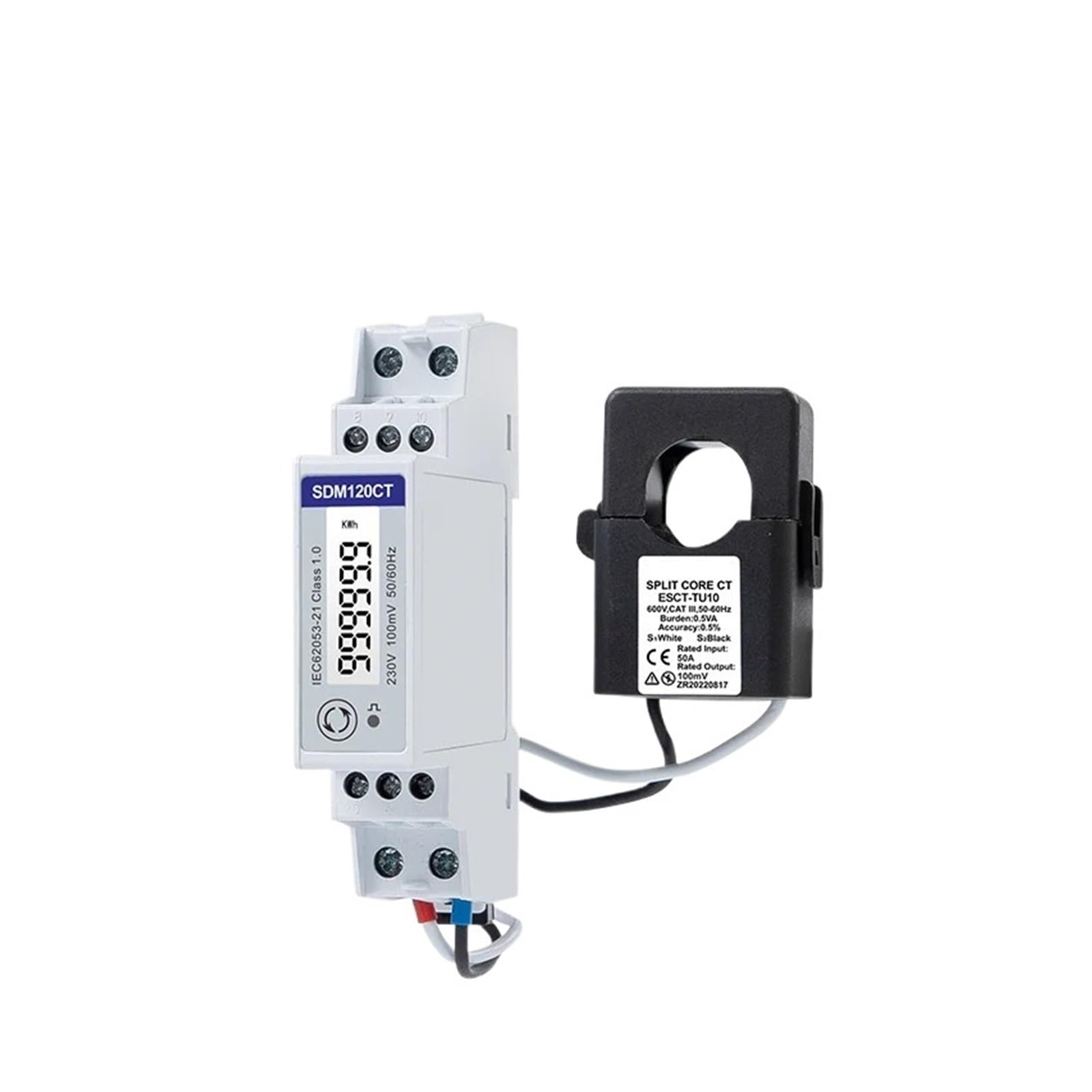 SDM120CT-M/V+ESCT-TU10 50 A/0,1 V, monofase, 2 Fili, 230 V, RS485 Modbus, contatore di energia ferroviaria