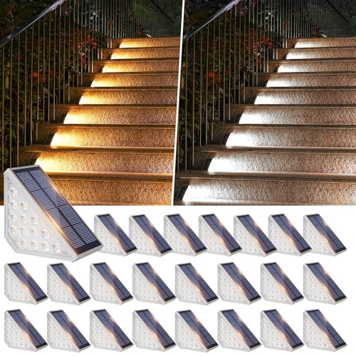 Bosceos 24 Packs LED Solar Step Lights Outdoor Stair Lights Waterproof IP67, Solar Deck Light with Dual Color Options (Warm & Cool White), Outdoor Light Decor for Yard Garden Patio Porch Walkways