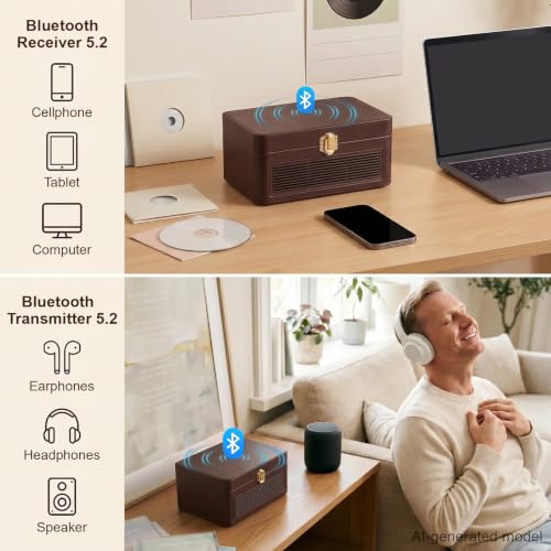 Image of Gueray CD Player Portable Bluetooth: Retro CD Players with Speakers Vintage CD-Player 3600mAh Rechargeable & Radio & Remote Control Support USB /AUX Playback Headphone Jack (Brown)