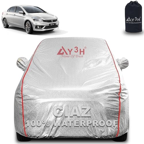 Image of 100% Waterproof Car Cover Compatible with Maruti Suzuki Ciaz | All Weather, Dust Proof, UV Protective with Mirror Pocket (Silver Magic)