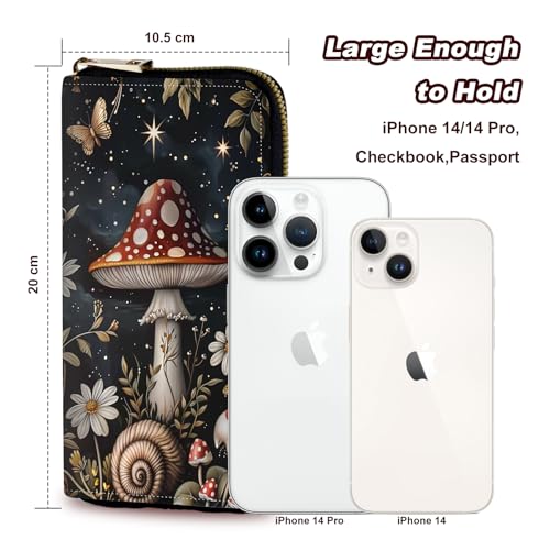 Wristlet Wallet for Women Teen Girls Womens Wallet RFID Blocking Credit Card Holder with Removable Wristlet,Leather Phone Wallet Clutch Large Capacity Ladies Travel Purs,Mushroom and Butterfliy3