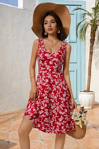 Image of HUHOT Womens Sleeveless V Neck Dress with Pocket Summer Beach Midi Flared Tank Dress