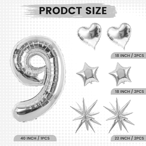 Image of TONIFUL 9th Birthday Balloons Kit 40Inch Silver Large Number 9 Foil Balloon | with 18Inch Helium Mylar Heart Star Balloons for Kids Women Men Birthday Anniversary Graduation New Year Eve Party Decoration