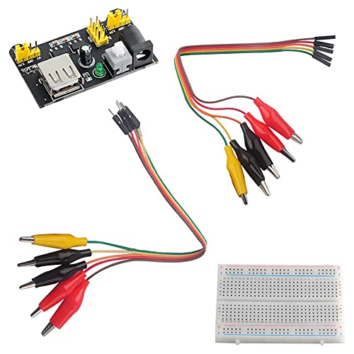 Image of 400 Tie Point Breadboard Power Module Alligator Clip to Jumper Wire | DIYmalls 400 Tie Point Solderless Breadboard + MB102 Power Supply Module 3.3V 5V + Alligator Clip to Jumper Wire 20cm