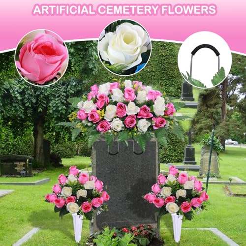 Lodou 3 Pcs Artificial Cemetery Flower Saddles, Rose Headstone Flower Saddle,Cemetery Memorial Flowers with Vase for Outdoor Grave Tombstone Decorations (Pink White) image 6