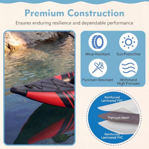 GYMAX Inflatable Kayak, 12.5Ft 507lbs Tandem Kayak with 2 Aluminum Paddles, 2 Padded Seats, Footrests, 2 Fins, Hand Pump, Carry Bag & Repair Kit, 2 Person Fishing Touring Kayak for Adults - Image 3