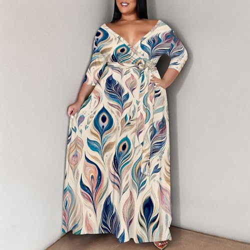 Image of SUZONANA Plus Size Maxi Dresses for Curcy Women Casual Loose 3 /4 Sleeve Long Dress with Belt
