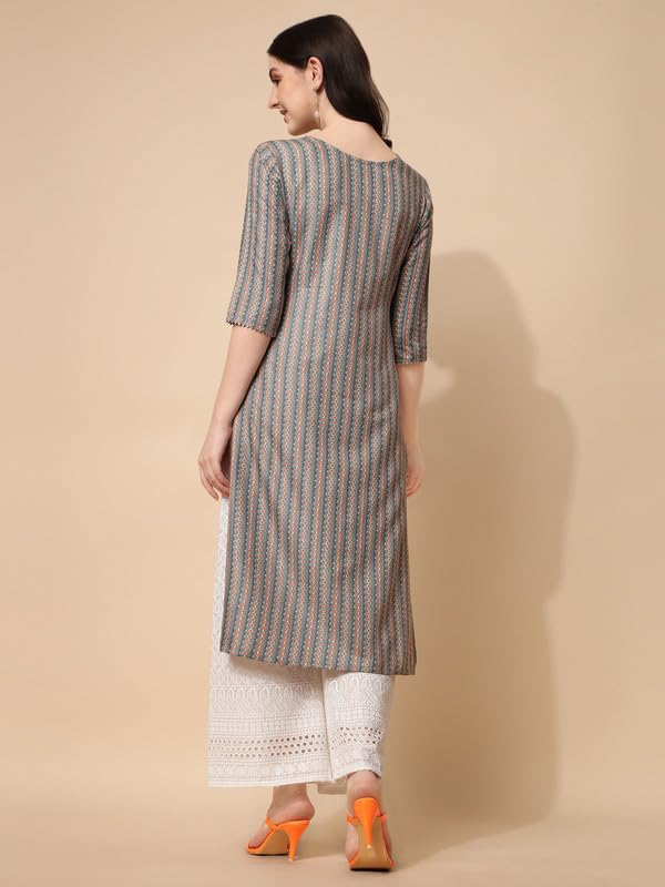 Nainvish Women's Cotton Blend Straight V-Neck Printed Kurta (Sd417_K-S._Grey)