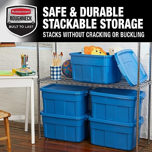 Image of Rubbermaid Roughneck Tote 14 Gal, 6 Pack, Made in USA, Heritage Blue, Rugged Plastic Stackable Storage Bins with Lids and Handles