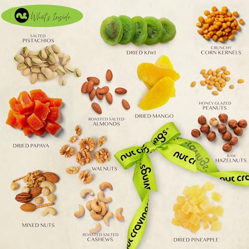NUT CRAVINGS Gourmet Collection - Valentines Dried Fruit & Mixed Nuts Gift Basket in Reusable Wooden Tray + Ribbon (12 Assortments) Arrangement Platter, Healthy Kosher Corporate - Image 6