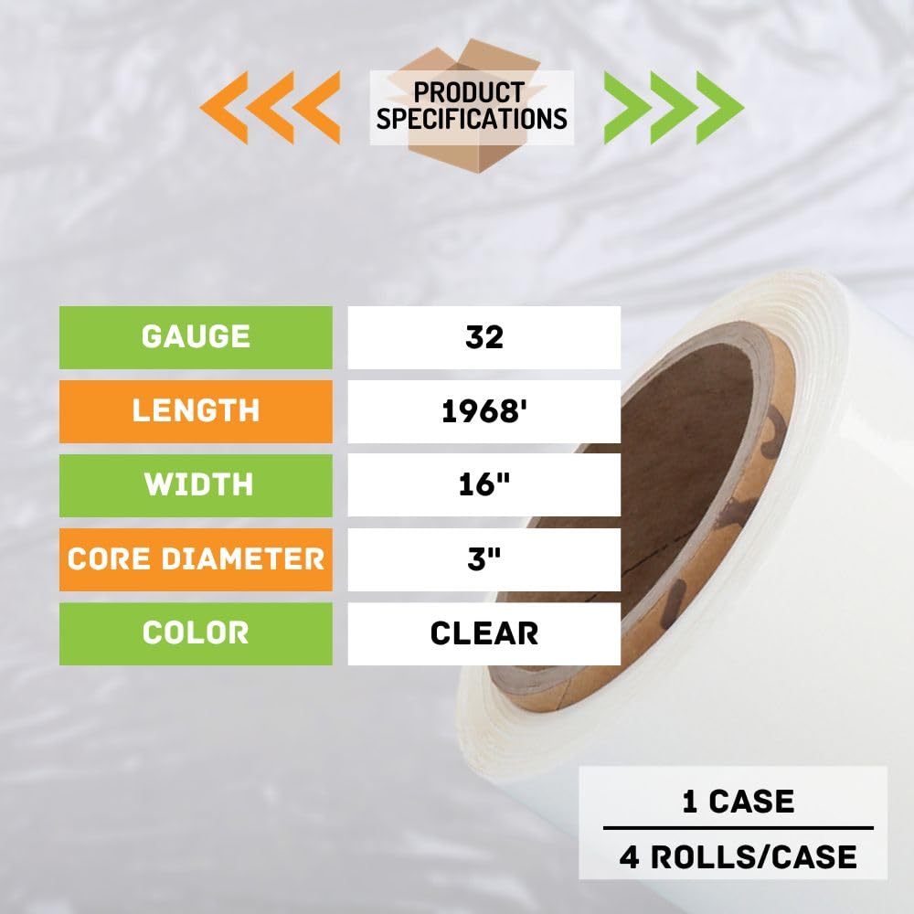 Shield Wrap Stretch Wrap, 4 Rolls, 16 Inch x 1968 Feet, 32 Gauge (70 GA Equivalent) Ultra High Performance Clear Hand Film