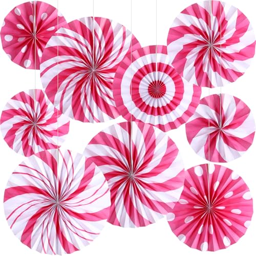 Image of Outus 9 Pcs Christmas Hanging Decorations Peppermint Paper Fans Pink