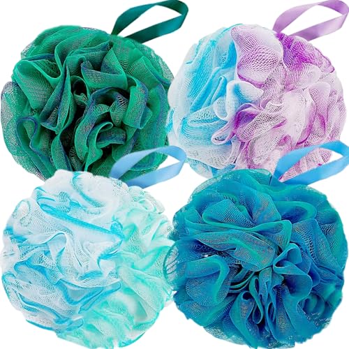 Image of Fu Store Loofah Sponge Shower Loofahs 4 Colors Bath Sponges Body Scrubbers | Mesh Balls Luffa for Rich Lather Exfoliating Wash Back Scrubber Bathroom Men Women 4 Pack Cleaning Bathing Accessories