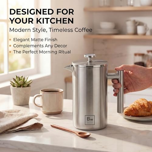 Image of Barista Warrior French Press Coffee Maker - Double-Wall Stainless Steel Insulated French Press with Built-In Thermometer, Dual Filters Coffee Maker with Wooden Spoon - Silver