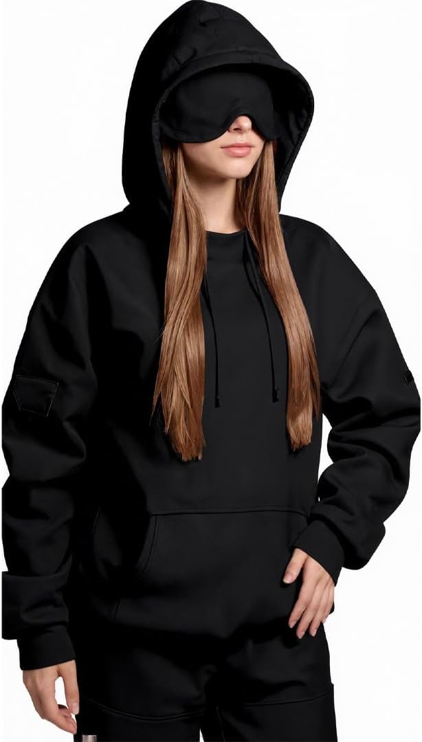 Unisex Airplane Mode Travel Hoodie with Eye Mask Oversized Pullover Sweatshirt for Airplane & Daily Wear - Image 4