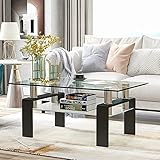 Meihua Rectangle Glass Coffee Table 2-Tier Tea Table Modern Side Coffee Table for Living Room Black