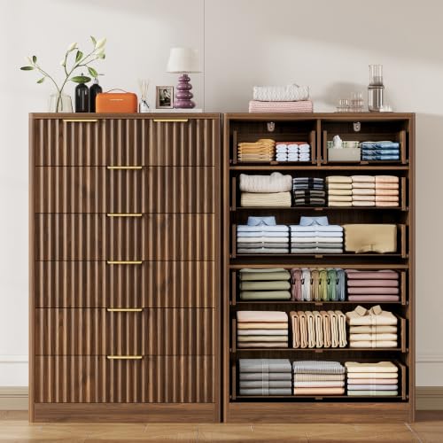 Image of TEENOFN Fluted Dresser for Bedroom with 7 Drawers, 48 inch Tall Modern Chest of Drawers with Metal Handle, Wooden Dresser TV Stand, Wood Closet Clothes Storage Organizer for Living Room, Hallway, Walnut