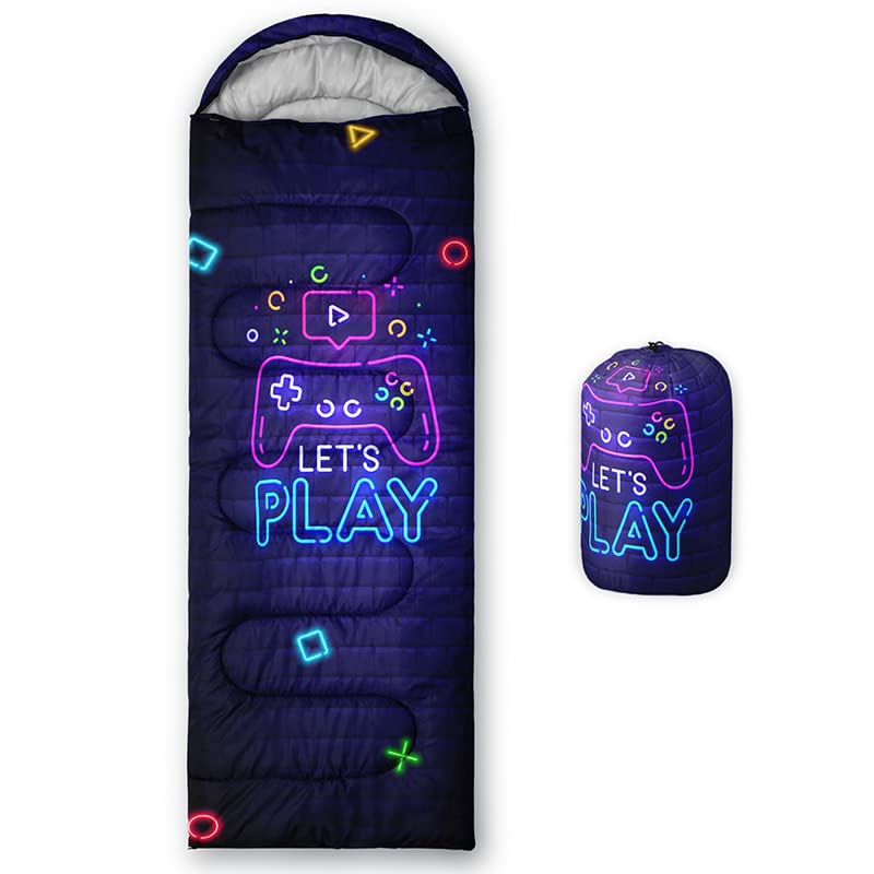 HOSIMA Sleeping Bags for Boys Girls Kids,Neon Gamepad Printed Lightweight Warm Portable Outdoor Indoor Waterproof Cold Resistant Sleeping Bag for Camping Hiking (Neon)